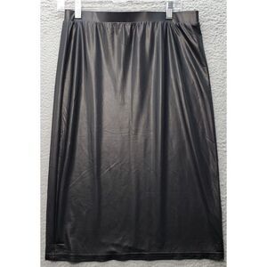 Cecico A Line Skirt Women Large Black Shiny Faux Leather Pleated Stretch Pull On